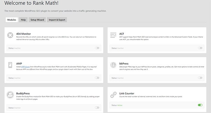 rank math dashboard