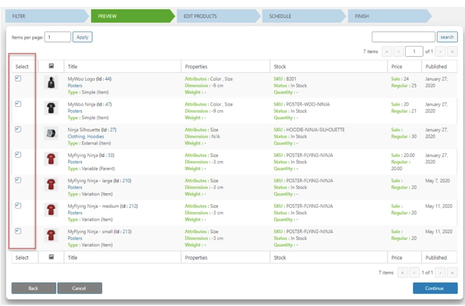 Preview the filtered products