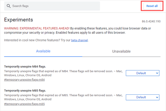 Turn off any experimental Google Chrome features
