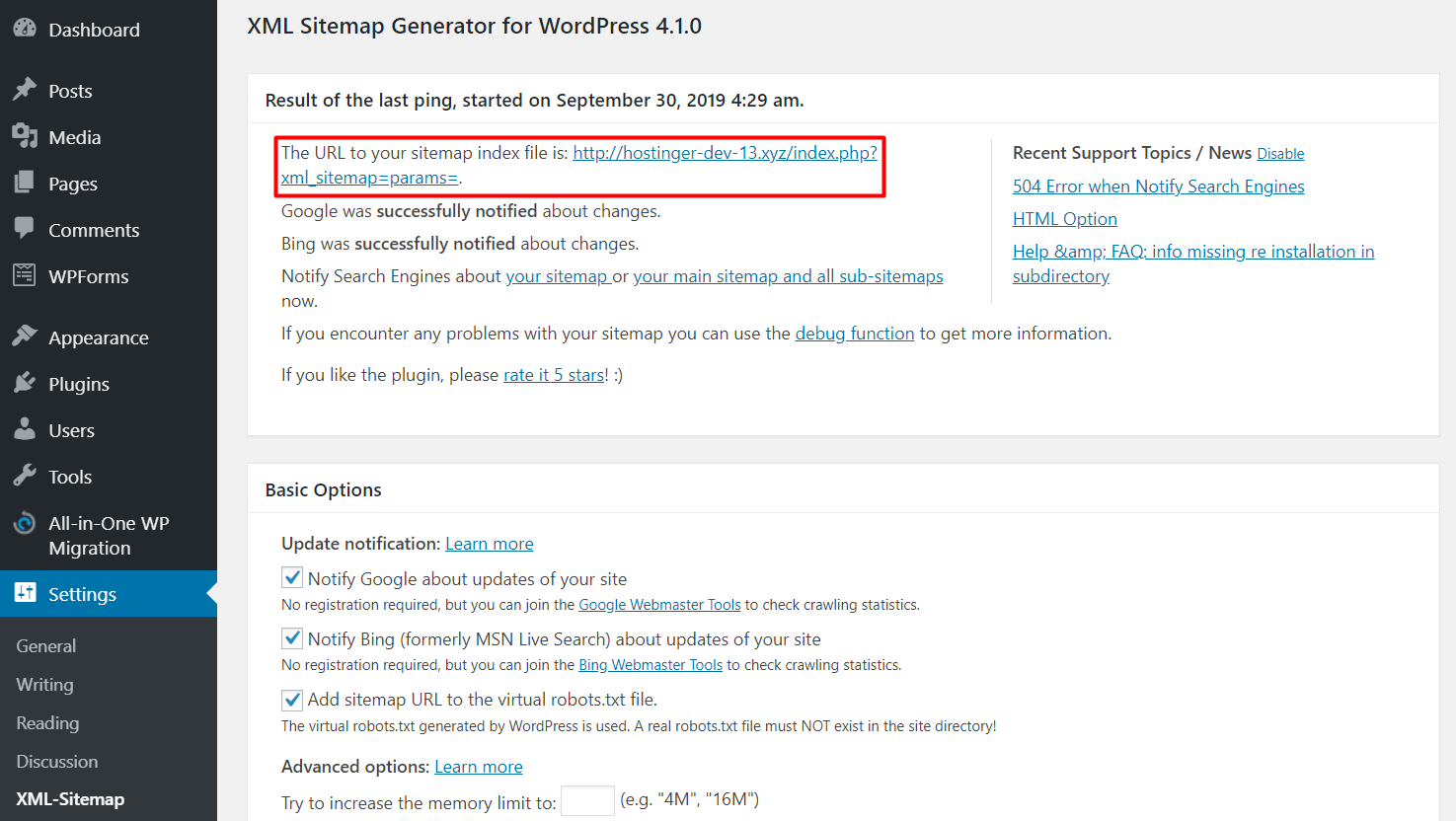 Settings page – XML-Sitemap