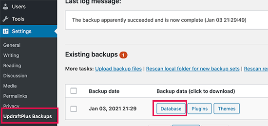 Restoring page from WordPress backup