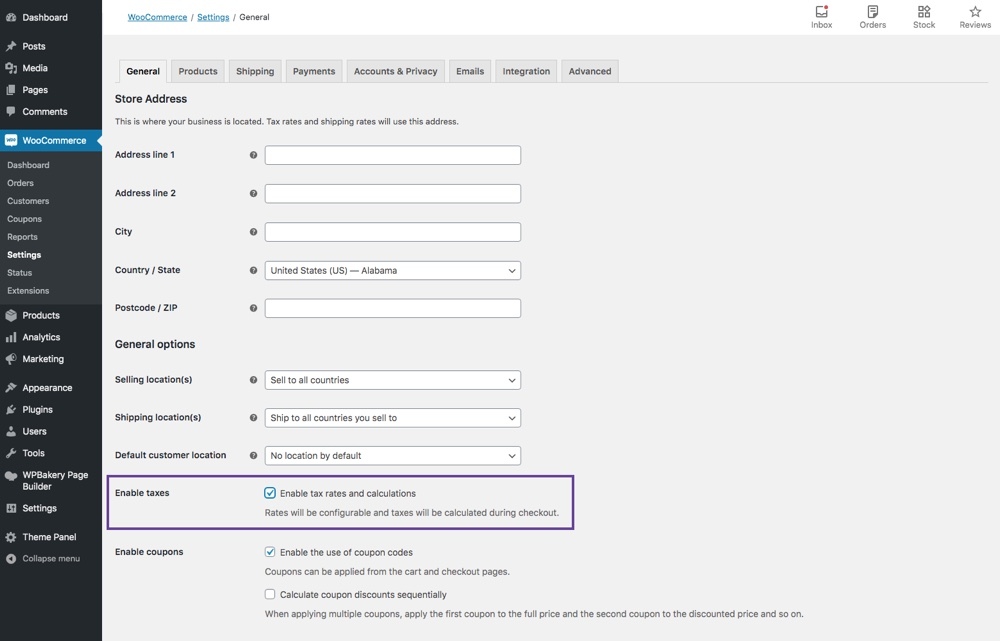 Tax settings on WooCommerce