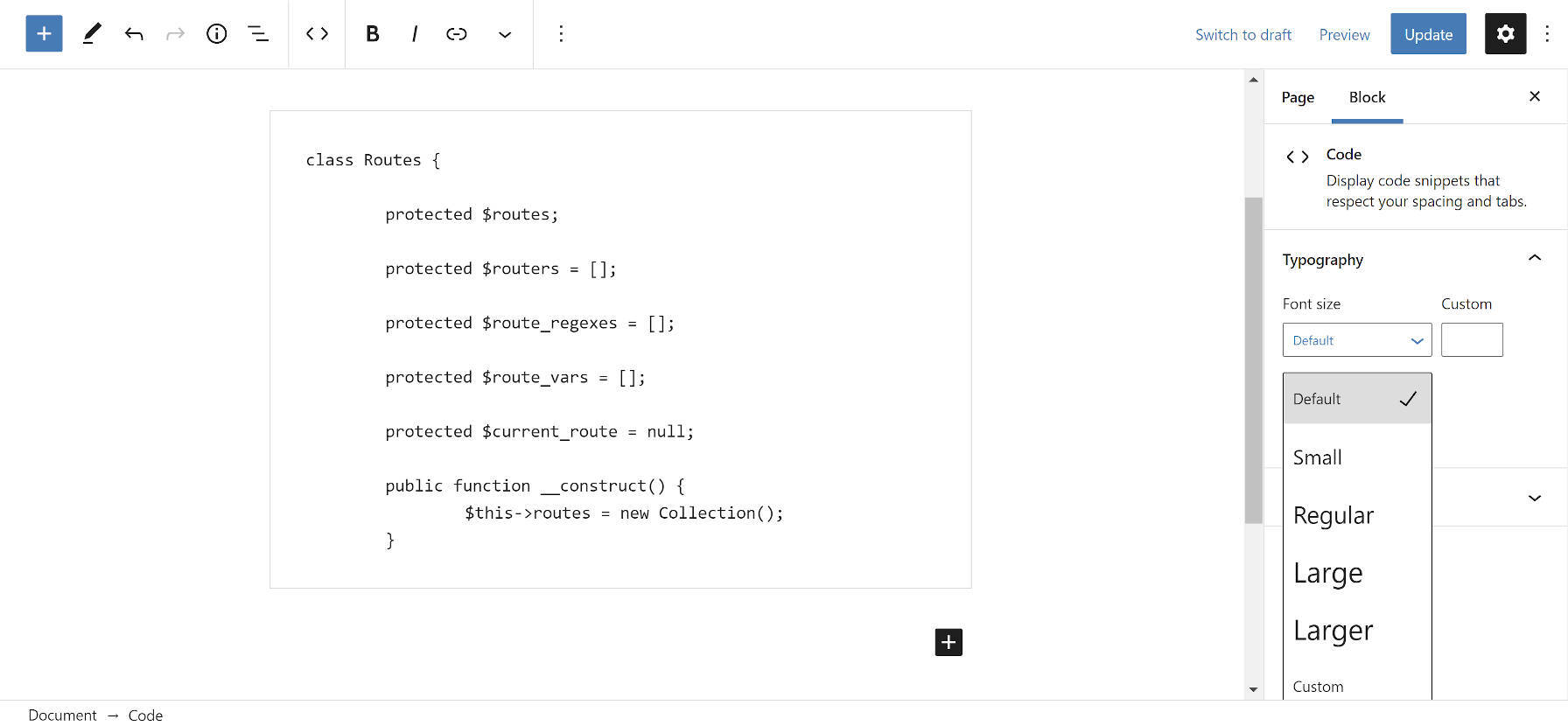 Changing Code Block Font Size
