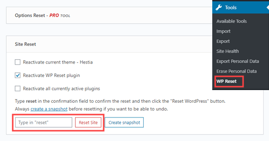 Restarting WordPress with WP Reset