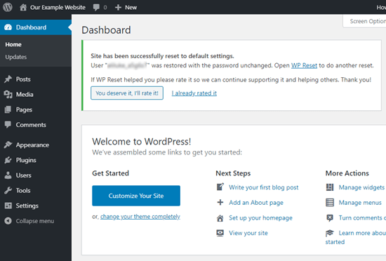 WP dashboard